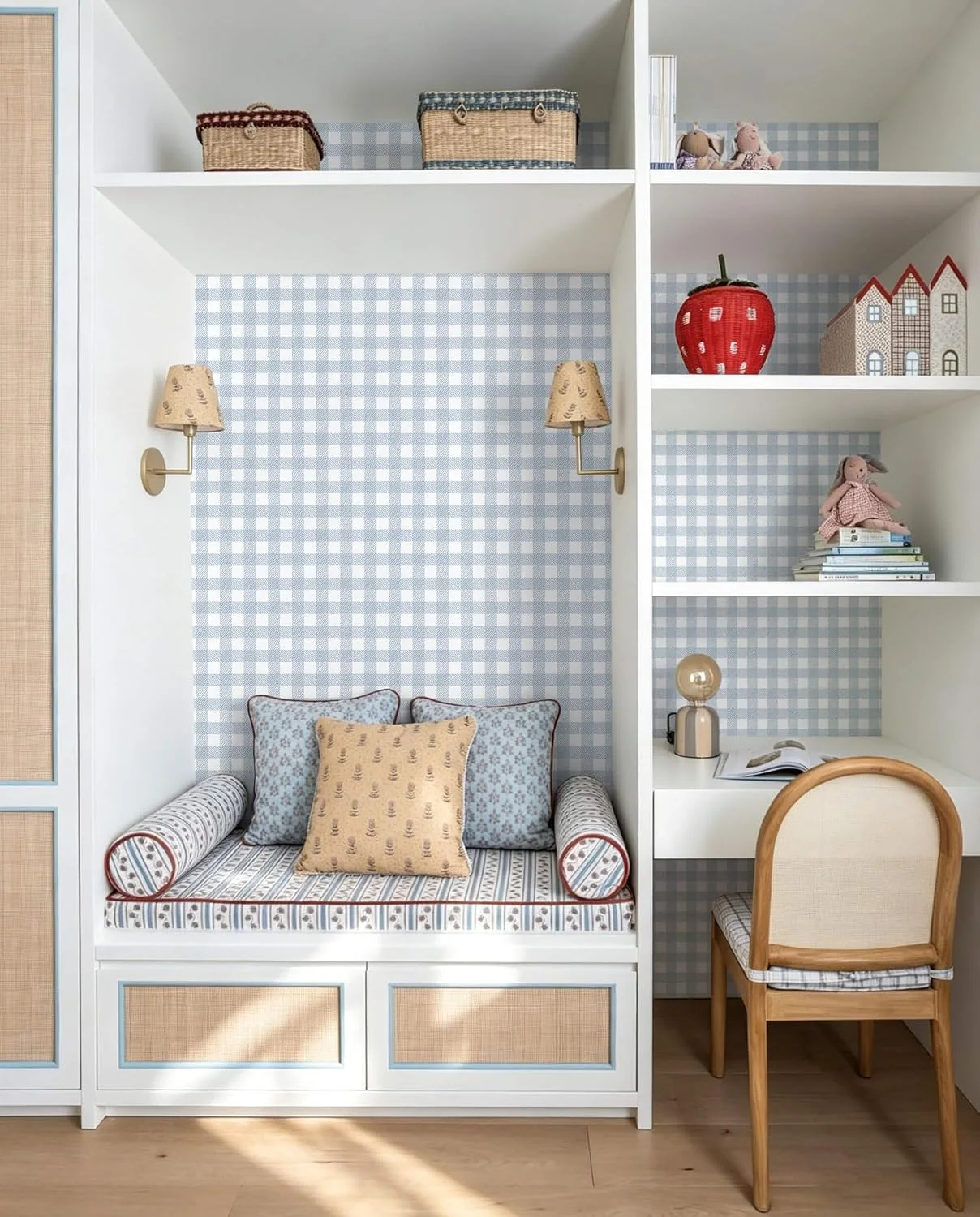 Heroad Light Blue Gingham peel and stick wallpaper in a room
