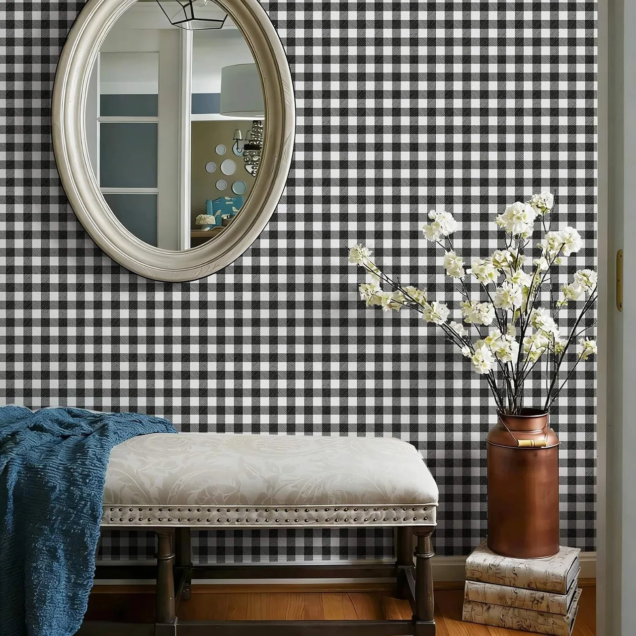Heroad Black and White Modern Plaid peel and stick wallpaper in a room