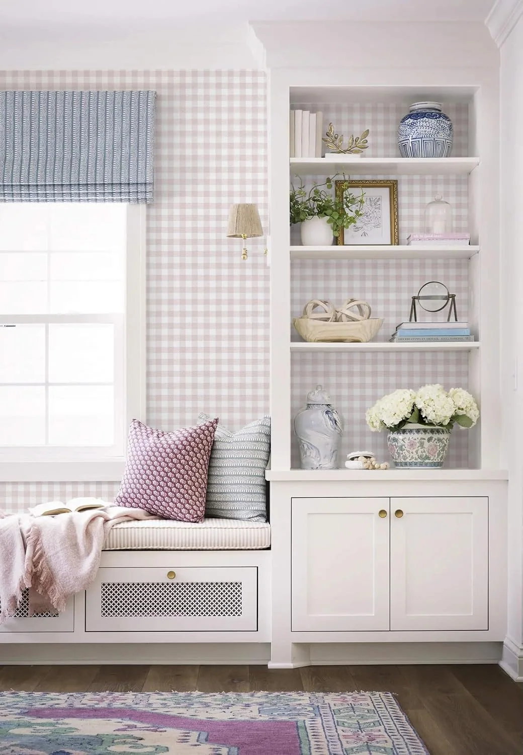 Heroad Pink Boho Gingham peel and stick wallpaper in a room