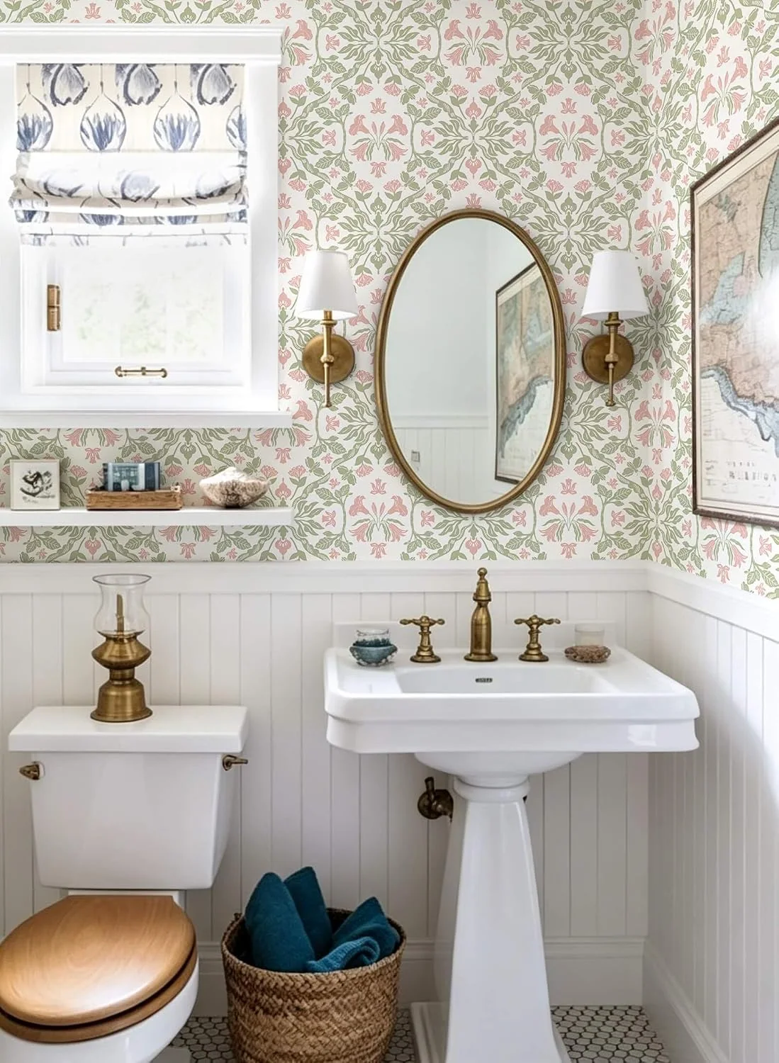 Heroad Pink Damask peel and stick wallpaper in a room