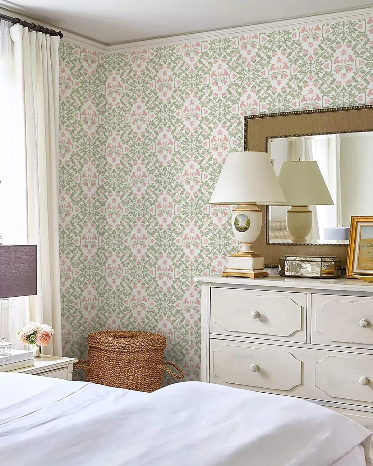 Heroad Pink Damask peel and stick wallpaper in a room