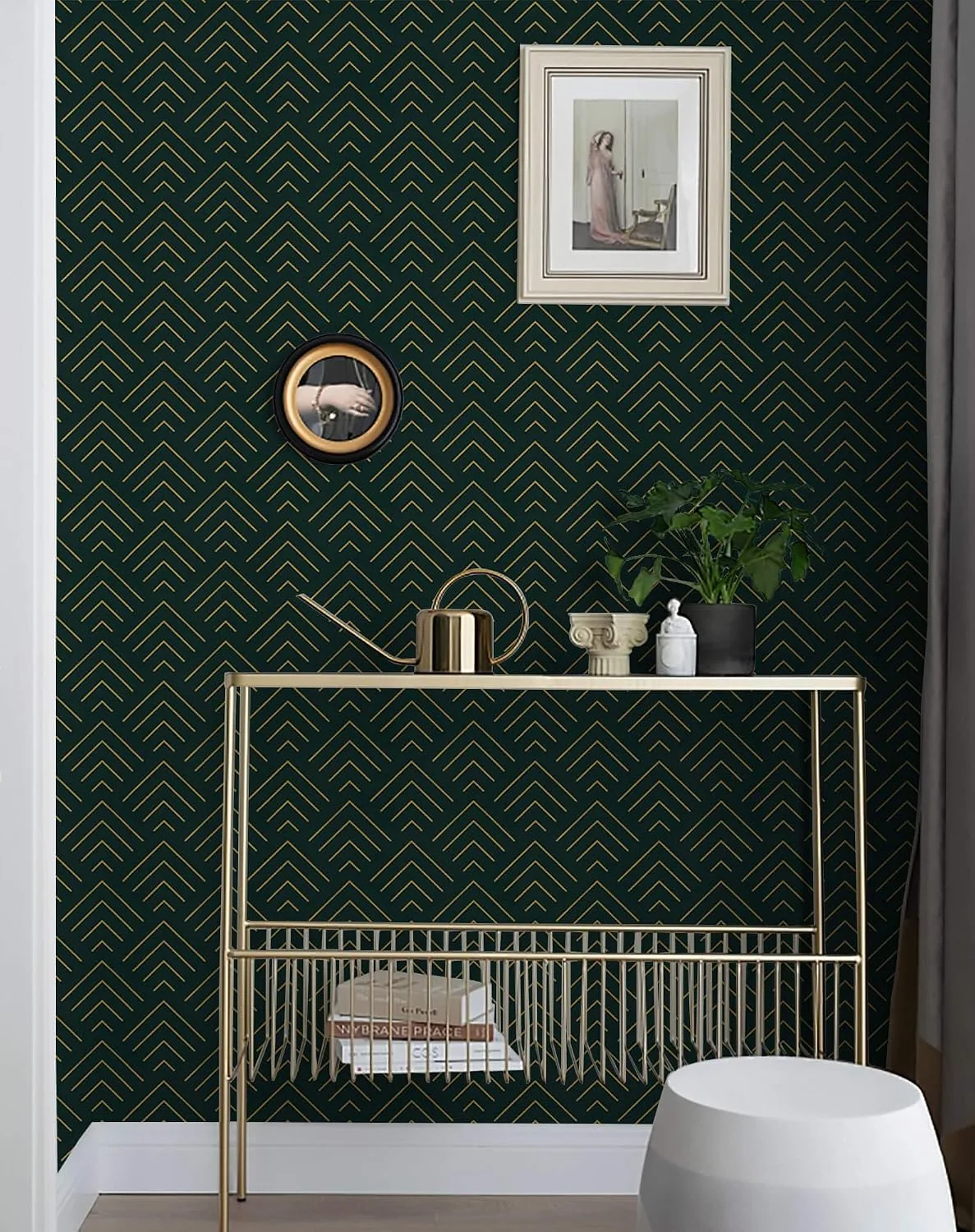 Heroad Dark Green and Gold Geometric peel and stick wallpaper in a room