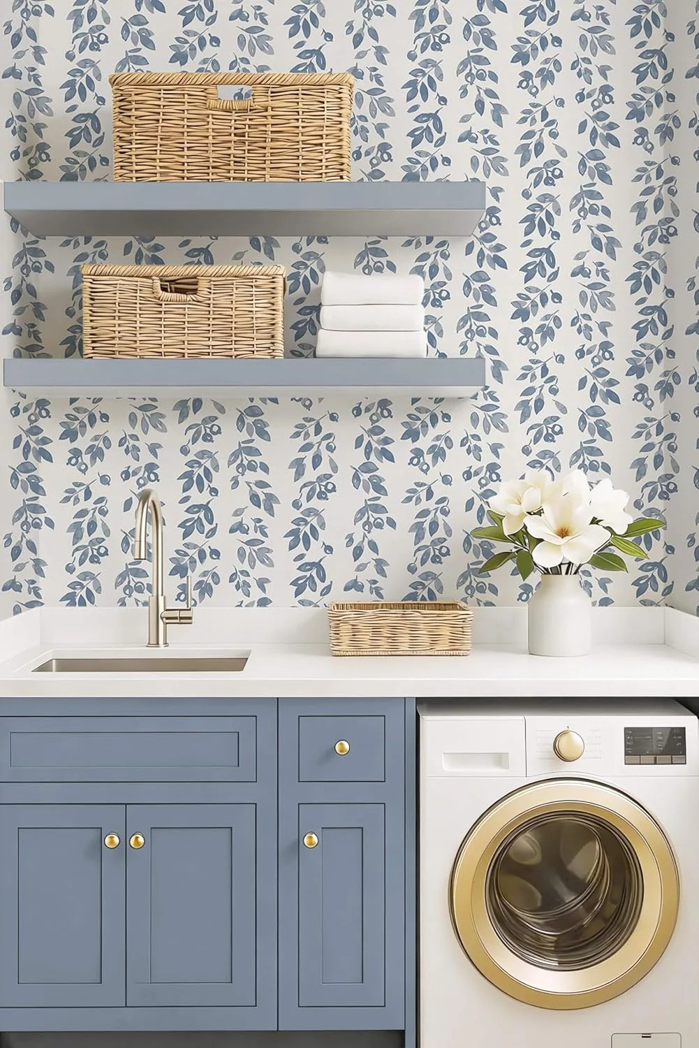 Heroad Blue Vintage Stripe peel and stick wallpaper in a room