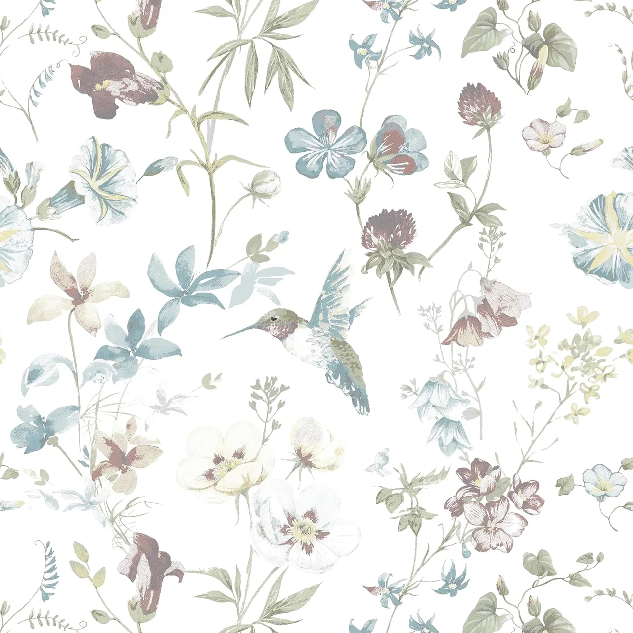 Heroad White Hummingbird Floral peel and stick wallpaper, swatch