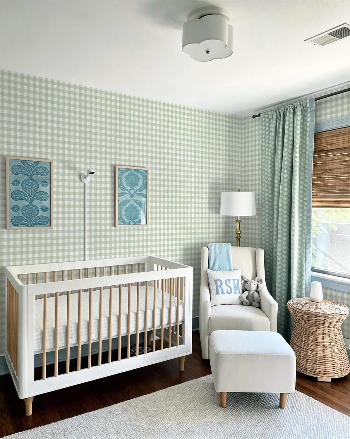 Heroad Green Boho Gingham peel and stick wallpaper in a room