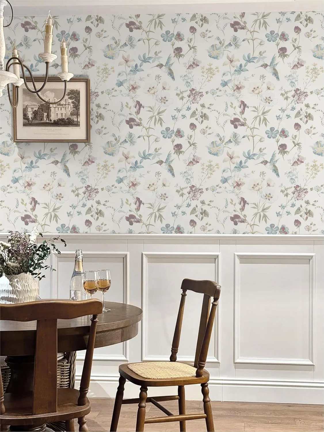 Heroad Beige Bird Botanical peel and stick wallpaper in a room