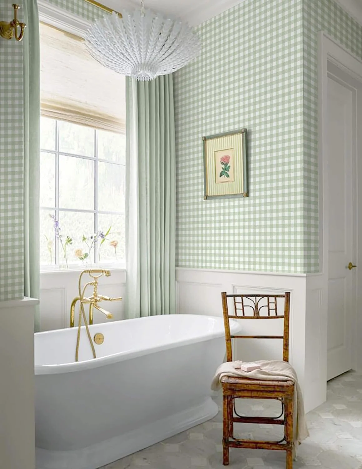 Heroad Green Boho Gingham peel and stick wallpaper in a room