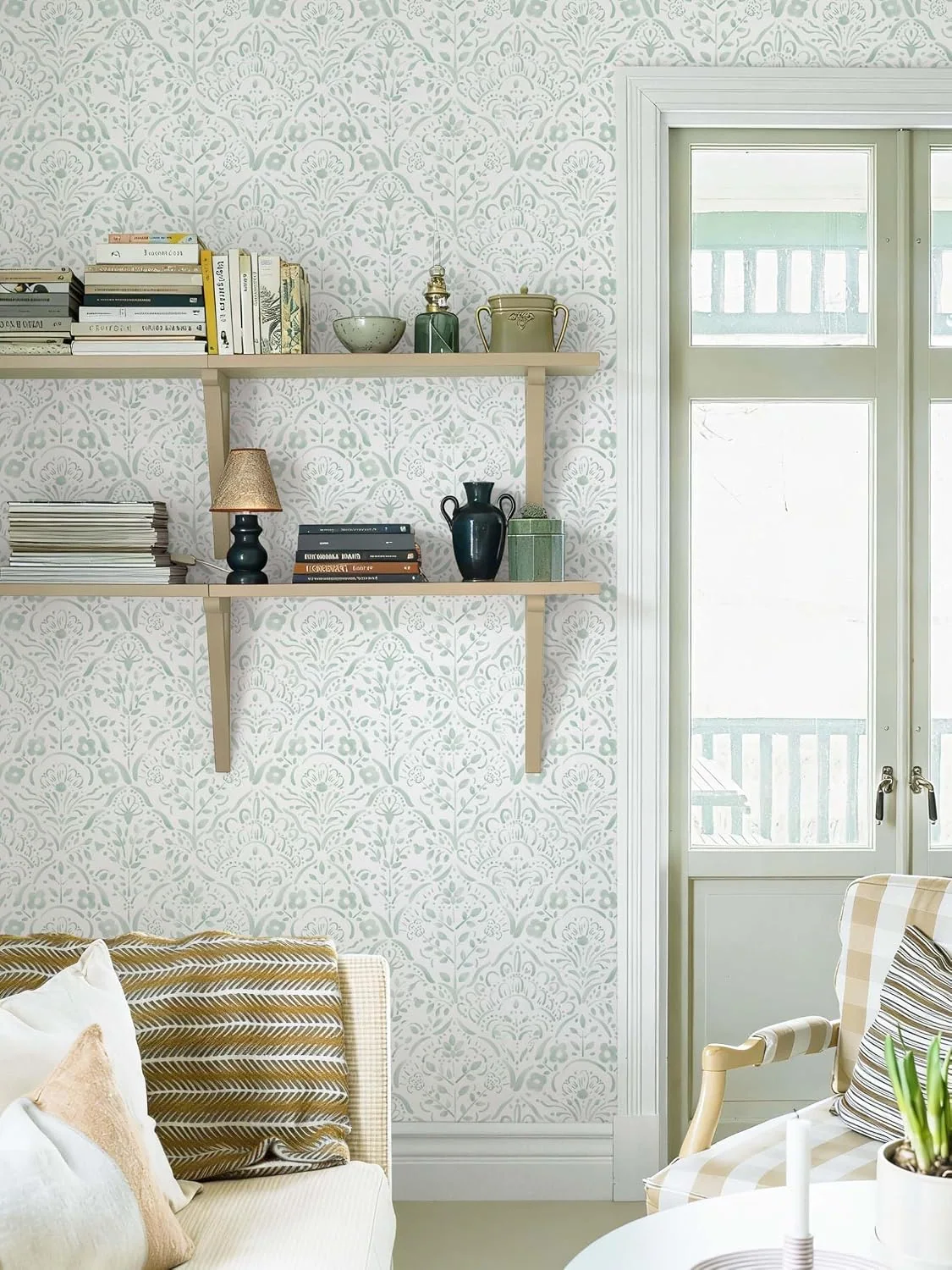 Heroad Sage Boho Floral peel and stick wallpaper in a room