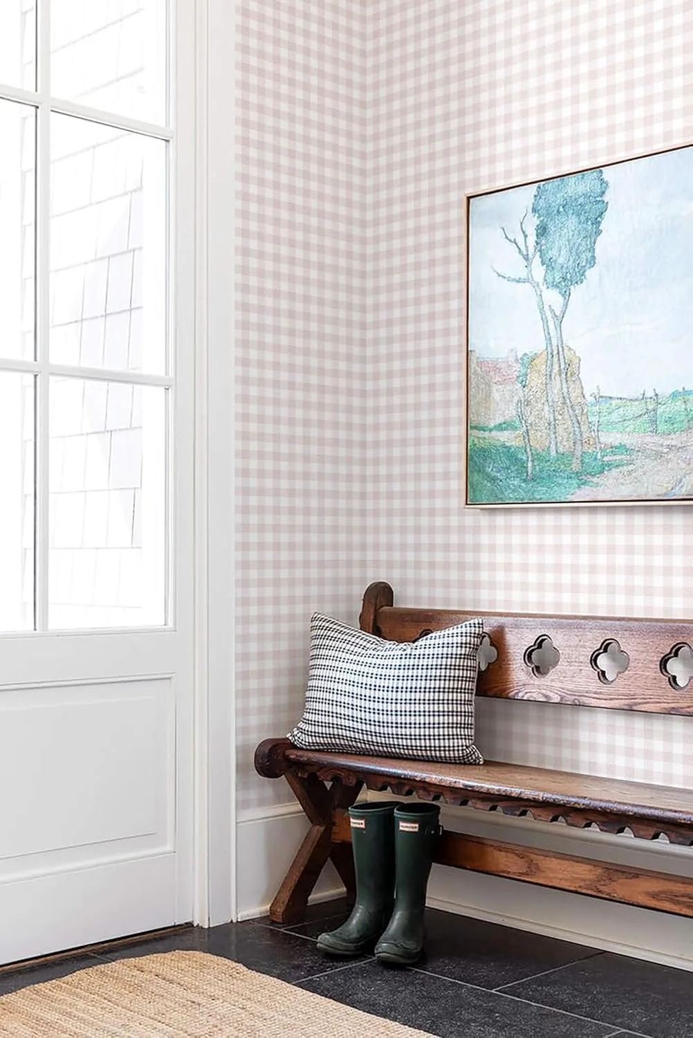 Heroad Pink Boho Gingham peel and stick wallpaper in a room