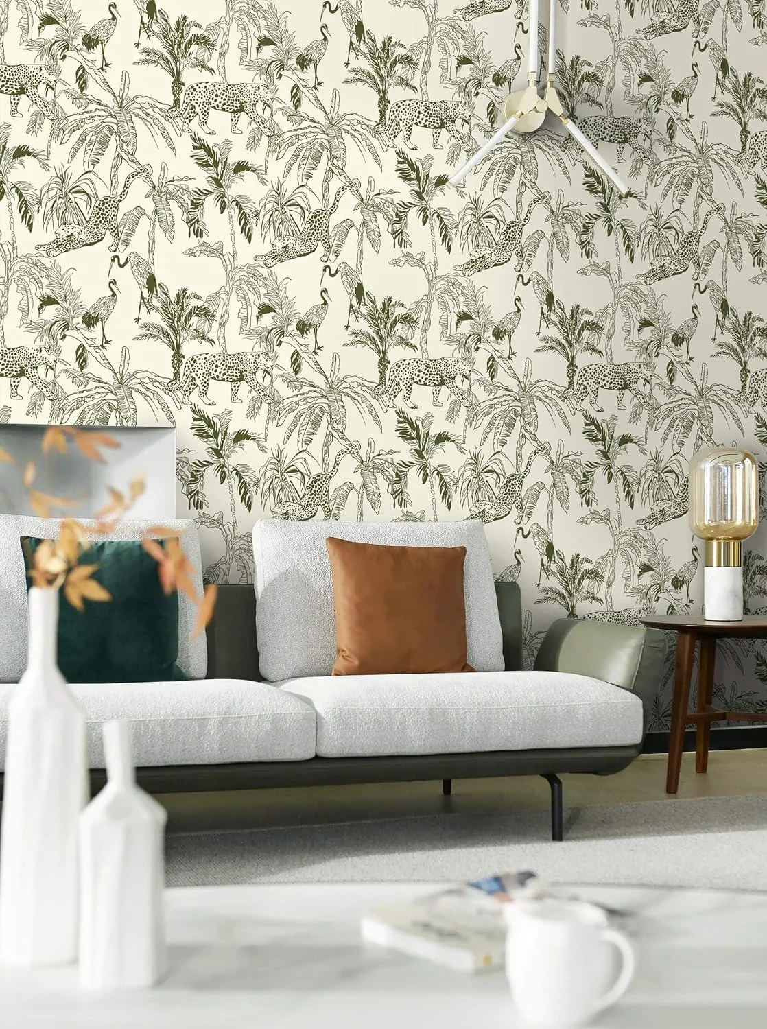 Heroad Beige Boho Jungle peel and stick wallpaper in a room