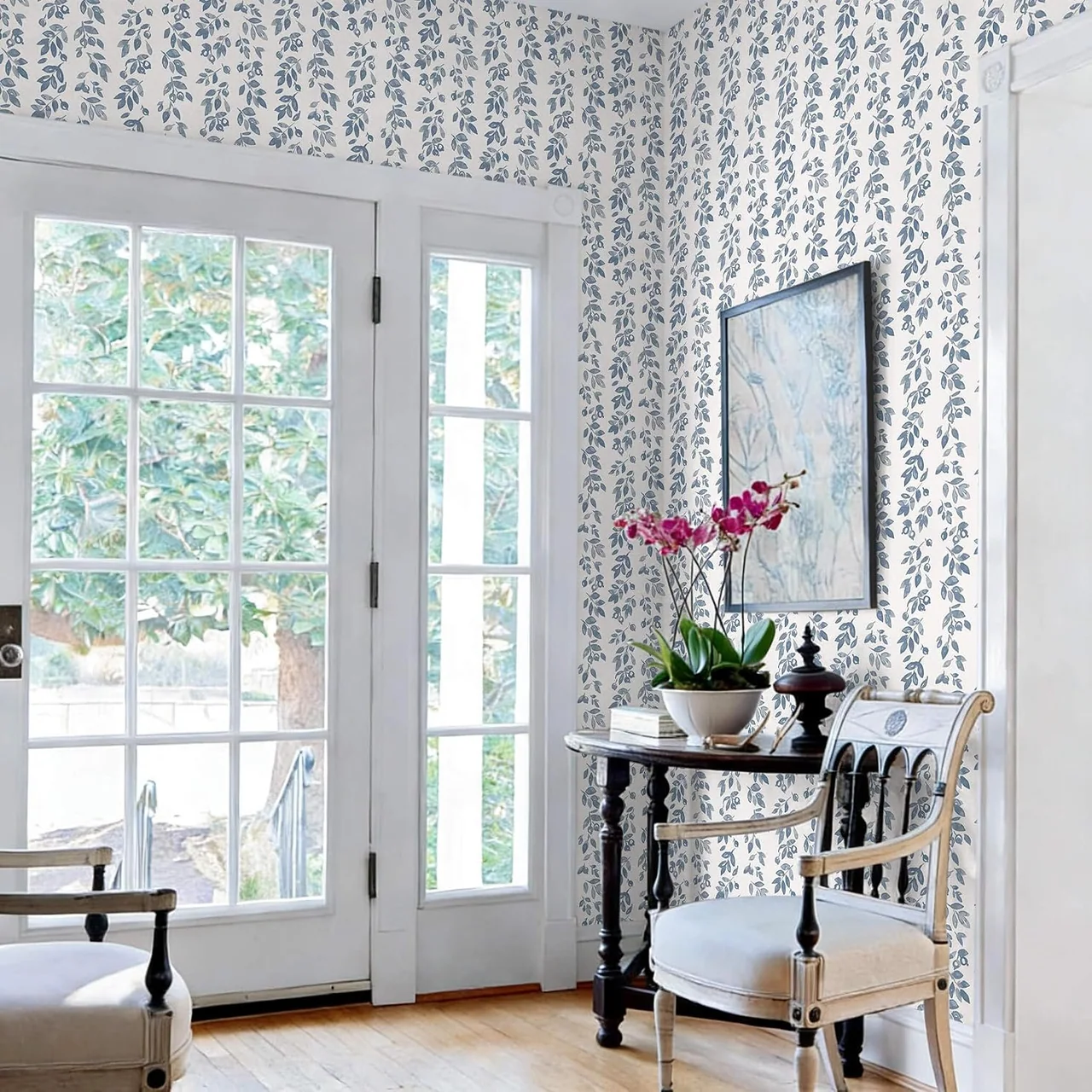 Heroad Blue Vintage Stripe peel and stick wallpaper in a room