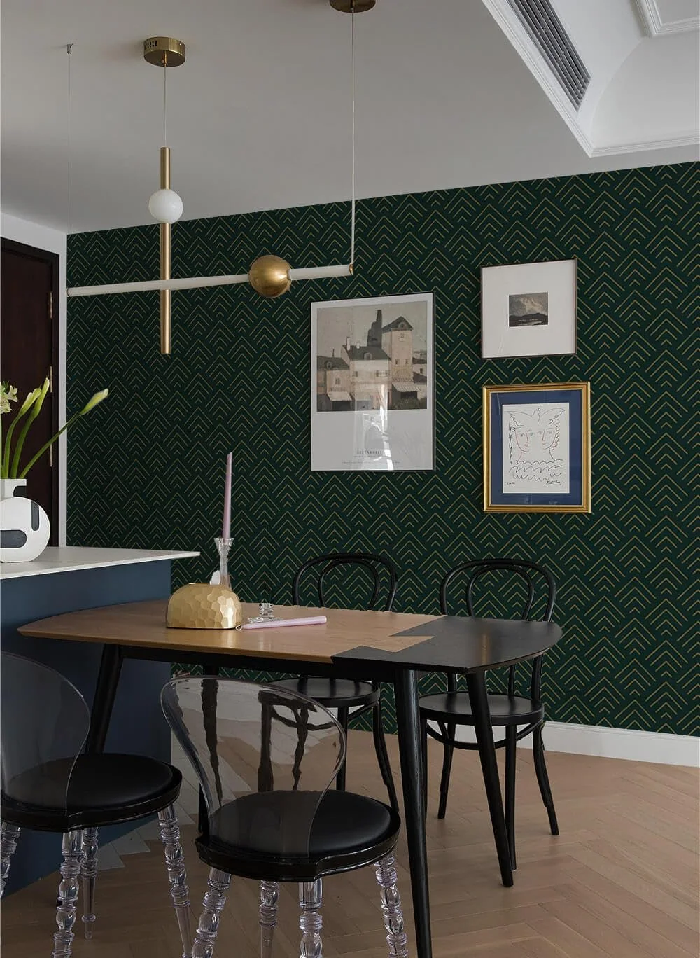 Heroad Dark Green and Gold Geometric peel and stick wallpaper in a room