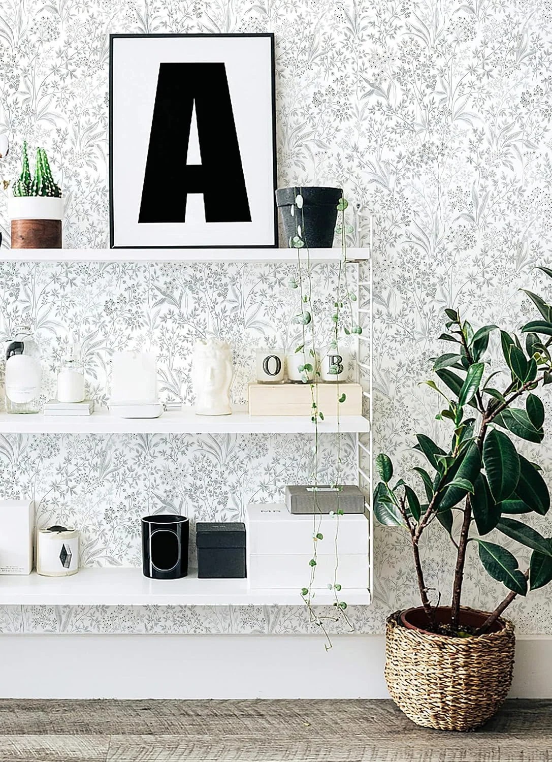 Heroad Grey Wildflower Sketch peel and stick wallpaper in a room