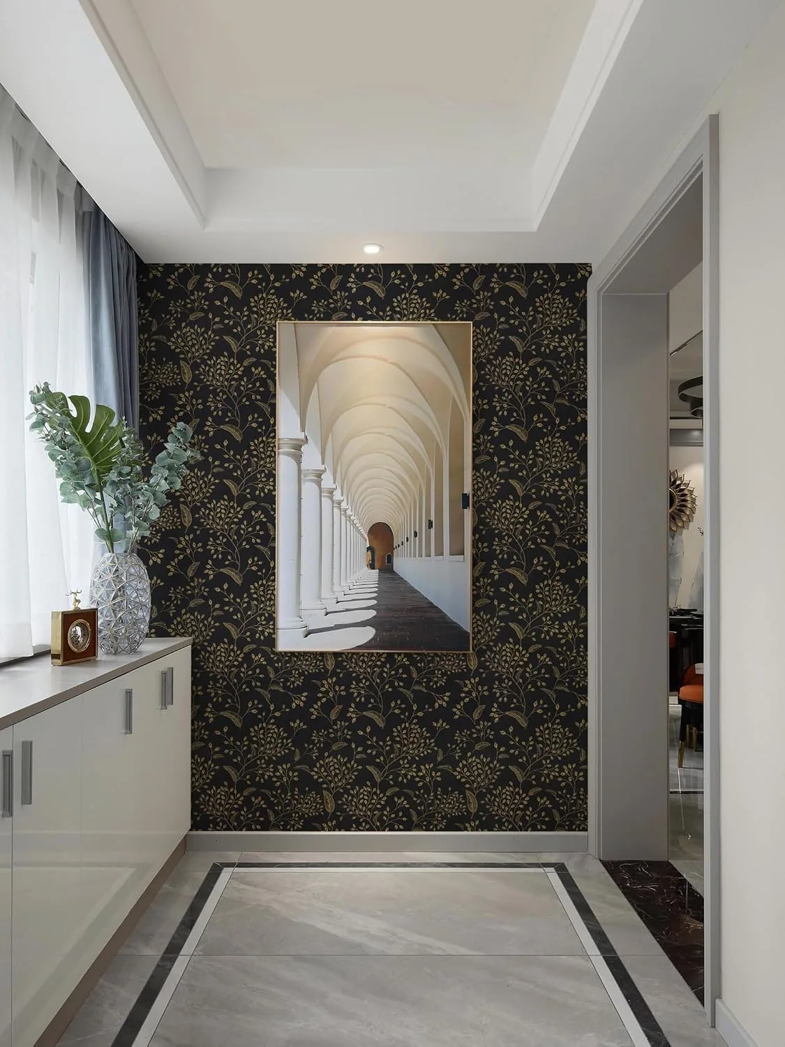 Heroad Black and Gold Boho Floral peel and stick wallpaper in a room