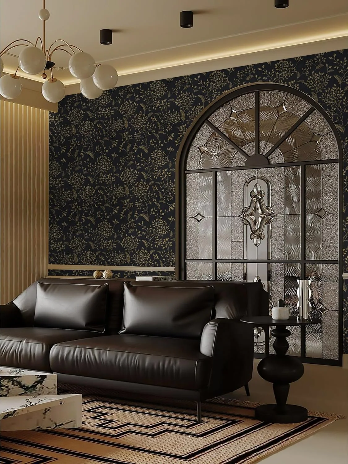 Heroad Black and Gold Boho Floral peel and stick wallpaper in a room