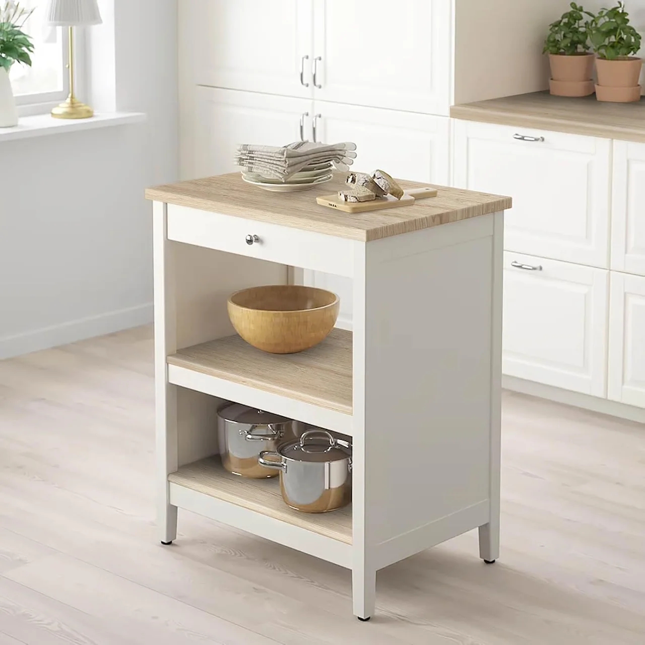 Light Oak Wood Grain on a kitchen cart top and shelves